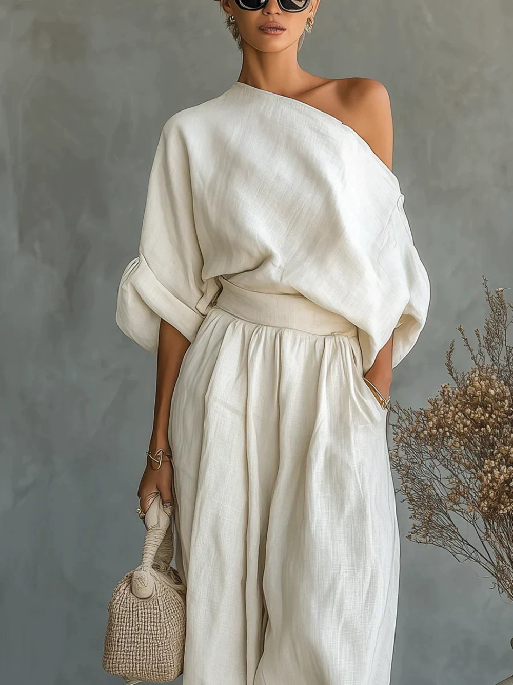 ZARA Spring Solid Color Off Shoulder Pocket Tee Casual Loose Two Piece Set